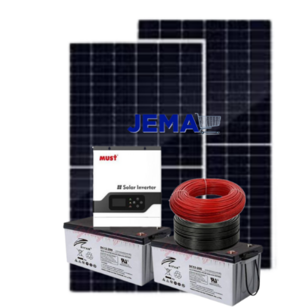 3kw solar kit -2pcs of 550w panel,2pcs of Ritar Gel battery,3kw/24v Hybrid inverter,20m/4mm dropping wire.